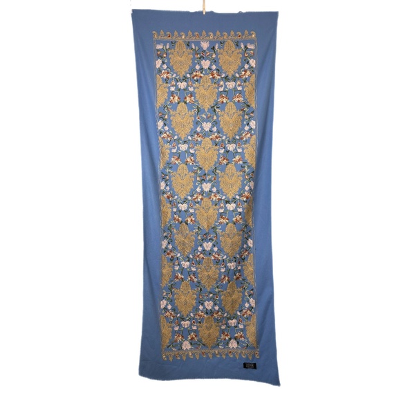 Blue Embroidered Wool Blend Scarf Made in Nepal – Floral Golden Tapestry Wrap - Picture 3 of 9